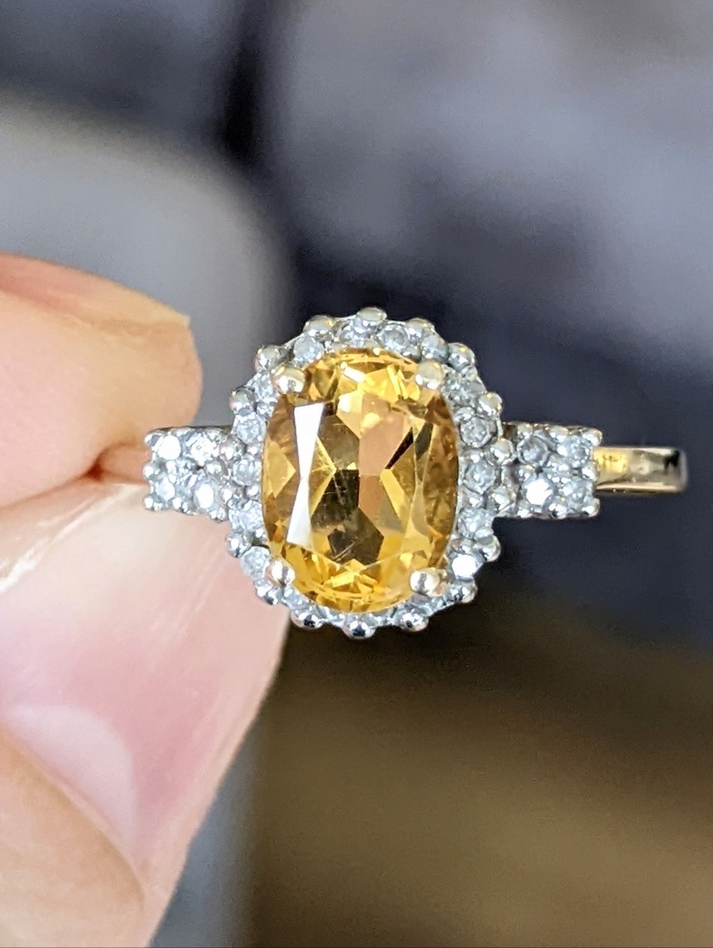 10K Gold Yellow Citrine Ring With Diamond Halo